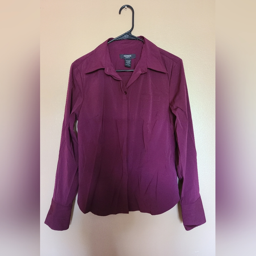 Vintage Express Stretch Purple Wine Button Down Blouse Womens Size 11/12